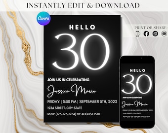 Invitación moderna del 30 cumpleaños Hola 30 invitaciones de cumpleaños Fiesta del 30 cumpleaños Evite Hola 30 cumpleaños Evite Plantilla de invitación editable