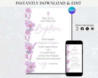 Purple Floral Girl Baptism Invitation Editable Spring Baptism Invite Purple Girl Baptism Evite Purple Christening Invite Editable Template