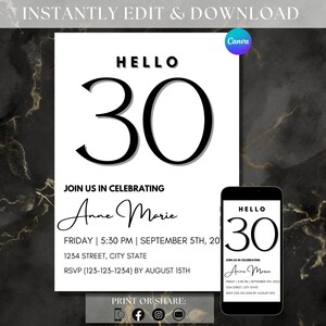 Minimalist 30th Birthday Invite Hello 30 Birthday Evite Hello 30 Birthday Invitation Hello Thirty Party Evite Editable Template