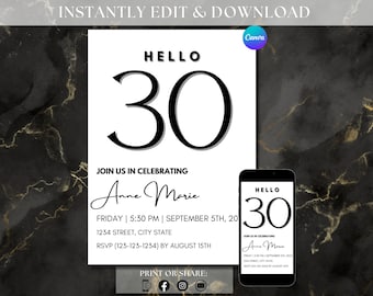 Invitación minimalista de 30 cumpleaños Hola 30 cumpleaños Evite Hola Invitación de 30 cumpleaños Hola Treinta Fiesta Evite Plantilla editable