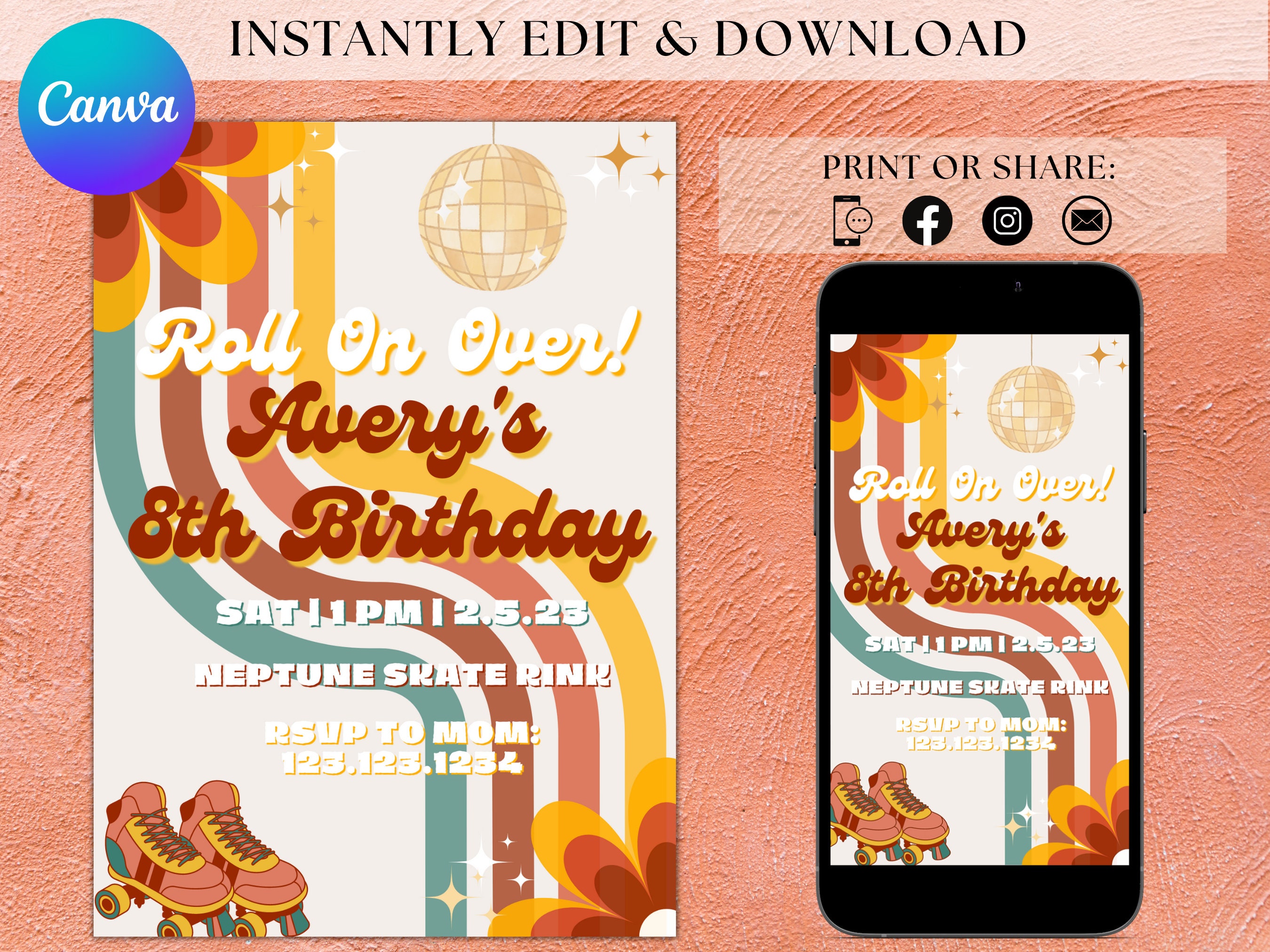 Editable Retro Roller Skates Birthday Invitation Disco Party Invite Roller Skate Party Evite Groovy Party Decor 70s Theme
