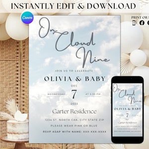 May include: A baby shower invitation with a blue sky and white clouds background. The text "On Cloud Nine" is written in a cursive font. The invitation is for Olivia and Baby and is scheduled for Wednesday, December 7th at 5:30 PM. The event will be held at the Carter Residence, 1234 St. North Cak, City State Zip. Guests are asked to wear pink or blue. RSVP with name and phone number.