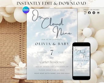 Cloud Theme Baby Shower Invite Cloud Nine Invitation Cloud Nine Evite Cloud Nine Invite Template Baby Shower Personalized Editable Invite