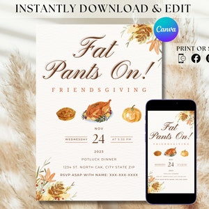 Peut inclure: Une invitation numérique pour un dîner de Friendsgiving en potluck. L'invitation présente une illustration aquarelle de feuillage d'automne, une citrouille, une tarte et une dinde rôtie. Le texte indique "Fat Pants On! Friendsgiving" avec la date et l'heure de l'événement : mercredi 24 novembre à 17 h 30. L'invitation comprend également l'adresse de l'événement et une demande de RSVP avec un numéro de téléphone.