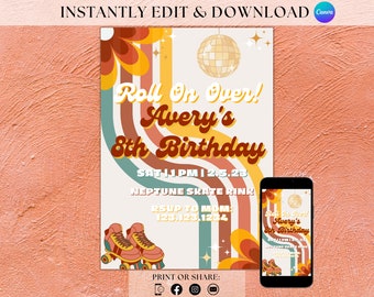 Editable Retro Roller Skates Birthday Invitation Disco Party Invite  Roller Skate Party Evite Groovy Party Decor 70s Theme Birthday Decor