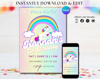 Rainbow Unicorn Invitations Unicorn Party Invites Pastel Rainbow Party Invites Pastel Unicorn Evite Rainbow Unicorn Invites Birthday Theme