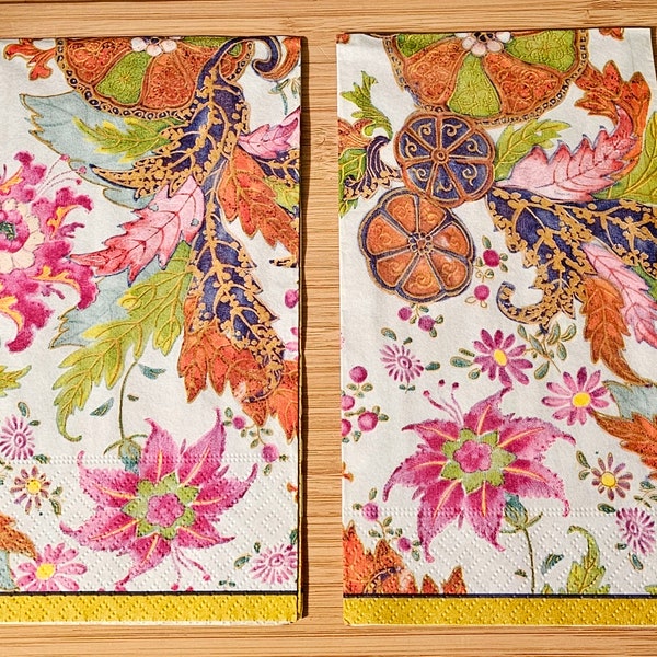 Pastel Pink, Orange, Gold Chinoisserie Floral Napkin for Decoupage