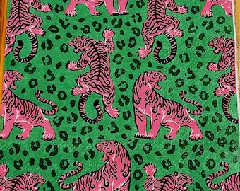 Preppy Pink and Green Tigers Decoupage Napkin