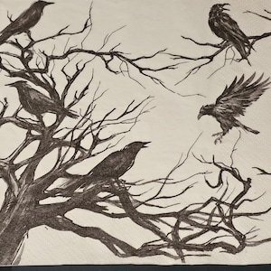 Black and White Spooky Trees and Birds Halloween Lunch Napkin