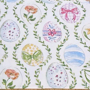 May include: White background with a repeating pattern of green leaves and colorful Easter eggs. The eggs are decorated with flowers, stripes, polka dots, and bows.