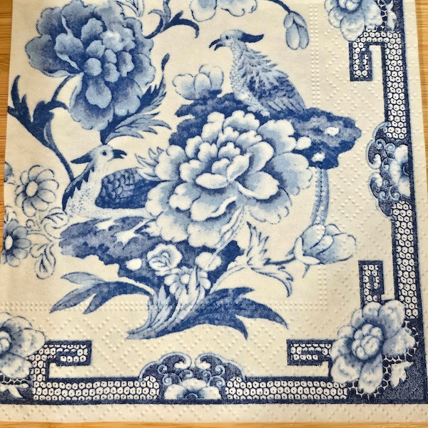 Blue Chinoiserie Blooms and Pheasants Cocktail Napkin for Decoupage