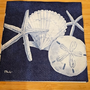 White Seashells on Navy Blue  Cocktail Napkin for Decoupage