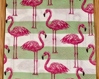 Flock of Flamingos on green stripes Dinner Napkin for Decoupage