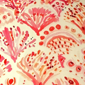 May include: Watercolor pattern featuring coral-like shapes in shades of red, pink, and orange against a cream background. The design includes various organic forms, dots, and branch-like structures, creating a vibrant and artistic aesthetic.