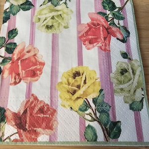 Vintage Look Roses within Pink Stripes Decoupage Napkin