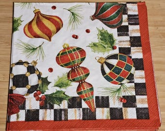 Christmas Ornaments with black and white checkered border designer Decoupage napkins