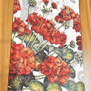 May include: A decorative paper napkin featuring a floral design with red geraniums and green leaves. The napkin has a vintage aesthetic with the word "Paris" and script text. A dragonfly illustration is also present.