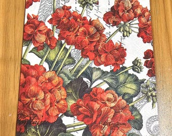 Red Geranium and Script Decoupage Napkin