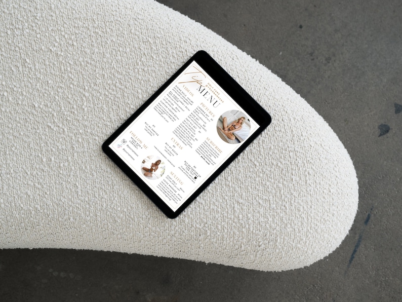 May include: A digital tablet displaying a menu for a prenatal yoga class. The menu includes options for "Follow Me", "Vinyasa", "Prenatal", "Breathing", and "Extras".