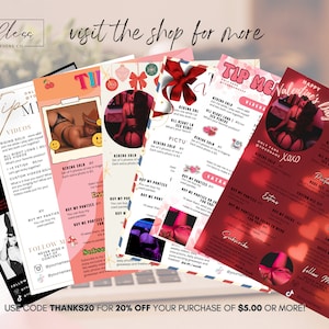 May include: A set of five colourful digital tip menus with a Valentine's Day theme. The menus feature a variety of options for tipping, including videos, pictures, and custom content. The menus also include a call to action to follow the creator on social media. The menus are designed in a modern and eye-catching style with a pink and red colour scheme.
