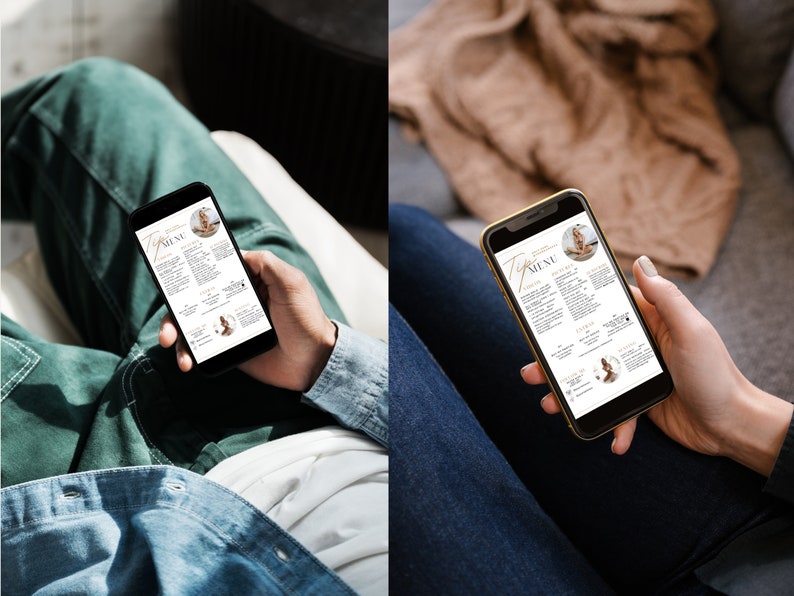 May include: A smartphone displaying a digital menu with the text "The Plant-Based Menu" and a photo of a woman in a yoga pose. The menu includes a list of food items and descriptions.