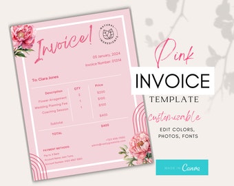 Pink Invoice Template, Small Business Invoice Template, Invoice Template Canva, Client Invoice, Editable Template, Services Invoice