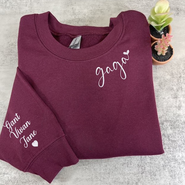 Custom Embroidered Gaga Heart Sweatshirt on Neckline, Personalized Gaga Crewneck with Kid Names, Gaga Sweatshirt, Gift for Grandma