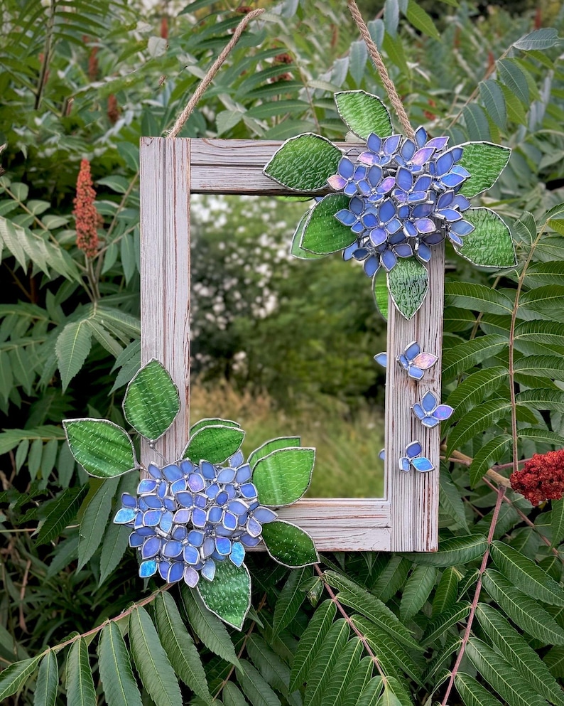 Hydrangea Mirror Handmade Lavender Hydrangea Stained Glass Mirror, Botanical Art ...