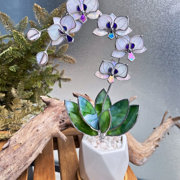 Stained glass Orchid White Pearl iridescent with pot, 5 flowers,  Suncatcher  3D, plant, Wedding Christmas Gift  Outdoor and gardening decor