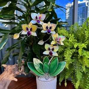 Gebrandschilderde XL orchidee in citroengeel met 5 bloemen en pot, kunstbloemdecoratie