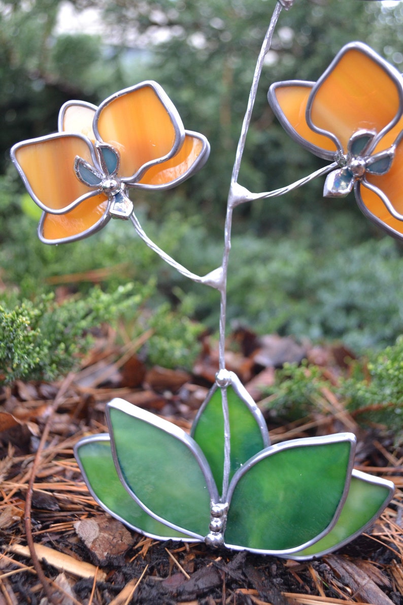 Stained glass Orchid flower Suncatcher 3D, Table plant decor, Wedding Christmas Gift, Outdoor and gardening decor image 3