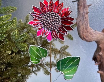 Sunflower Stained glass flower Ruby Red Sparcling, tropical 3D plant, Sun catcher, Table decor, Wedding Christmas Gift, Mother’s Day