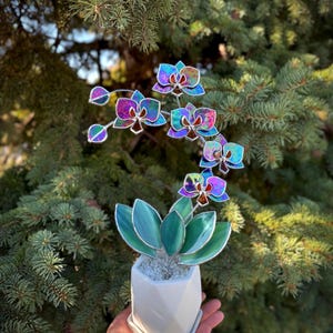 Stained Glass Orchid Sculpture in Pot, Indigo Iridescent, Botanical Art, Large 15" Home Decor