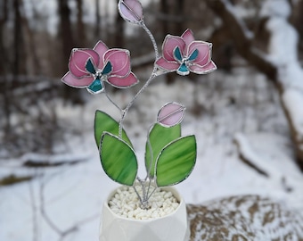May include: A stained glass orchid plant with pink and green flowers in a white ceramic pot. The pot has a geometric design and is sitting on a wooden surface covered in snow.