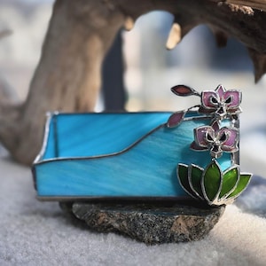 Porte-cartes de visite avec orchidée en vitrail, art du vitrail 3D, décorations de mariage, cadeau de Noël pour la fête des mères, décoration de bureau