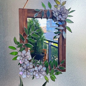 Stained glass flower Mirror “Pearl Peonies” Wedding Wall Decor, Suncatcher, Succulents, Christmas Gift