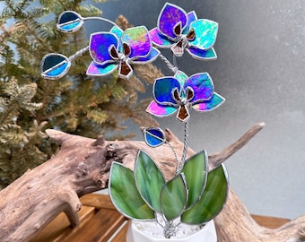 Stained glass Orchid “Indigo iridescent” with pot, 3 flowers,  Suncatcher  3D, plant, Wedding Christmas Gift  Outdoor and gardening dec