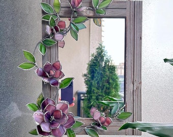 Stained Glass Dusty Rose Magnolia Flower Mirror: Handmade Floral Wall Decor