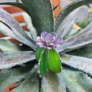 Stained glass Cactus XL Purple Green Iridescent Luminescent, Succulent 3D Cacti house plant for flower pot Sun catcher glass art wedding image 1