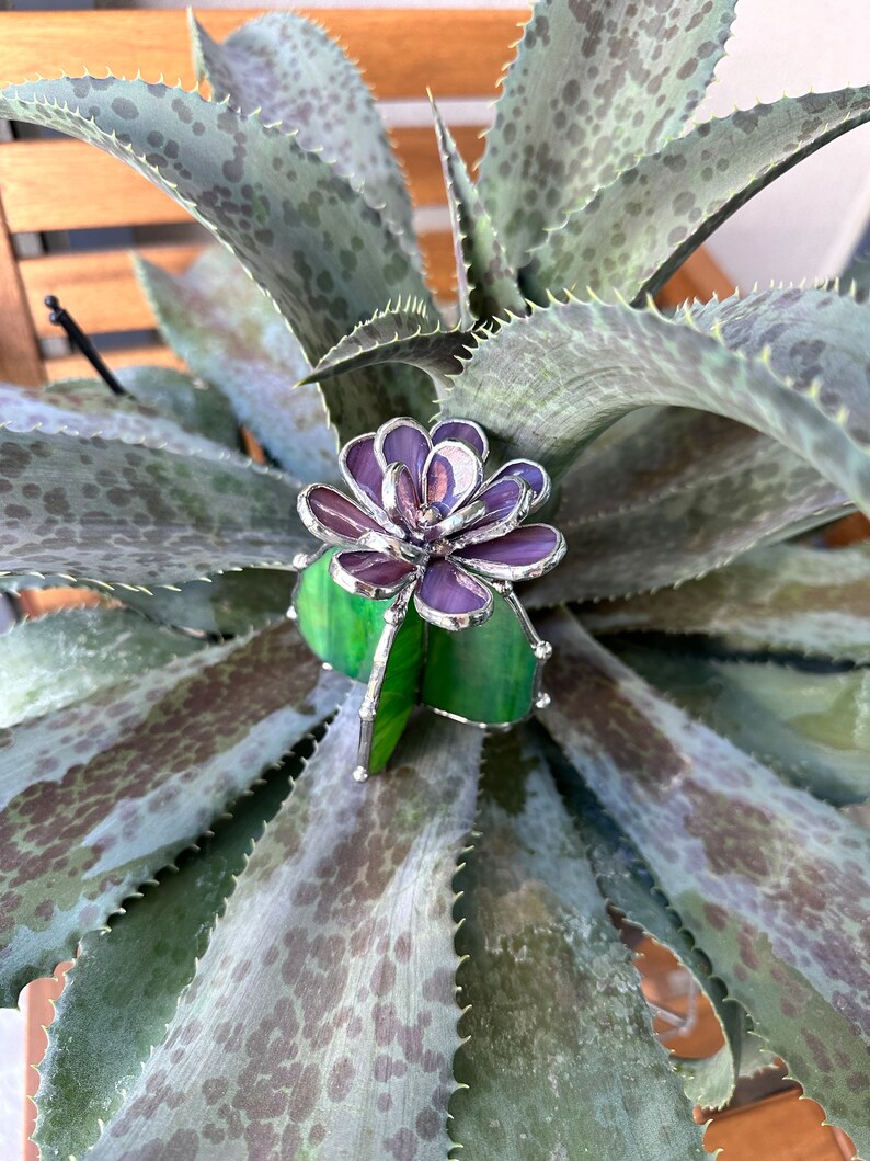 Stained glass Cactus XL Purple Green Iridescent Luminescent, Succulent 3D Cacti house plant for flower pot Sun catcher glass art wedding image 9