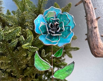 Stained glass flower Turquoise Peony Iridescent", tropical 3D Sun catcher, Table plant decor, Outdoor and gardening