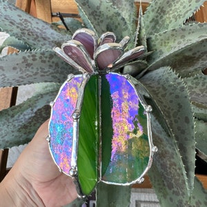 Stained glass Cactus XL Purple Green Iridescent Luminescent, Succulent 3D Cacti house plant for flower pot Sun catcher glass art wedding image 2