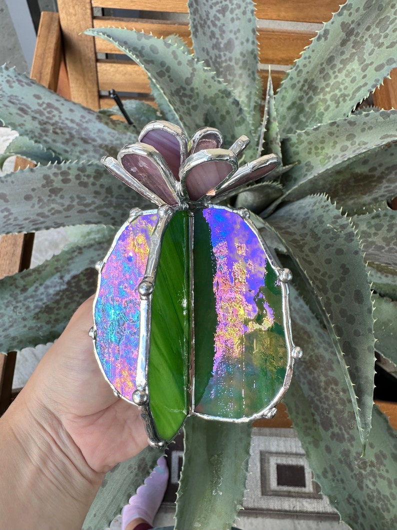 Stained glass Cactus XL Purple Green Iridescent Luminescent, Succulent 3D Cacti house plant for flower pot Sun catcher glass art wedding image 2