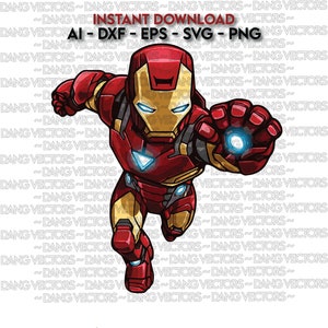 May include: A cartoon illustration of Iron Man, a superhero, flying through the air with his fist clenched. He is wearing his iconic red and gold armor with a blue glowing arc reactor on his chest.