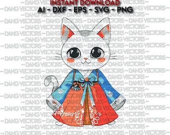 Vector File - Kitty Tradicional Coreano Vestido Fan Art Ai Svg Dxf Png Eps - Cut laser Graphic Print Design File Coloring Manga Cartoon Clipart