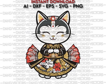 Vector File - Cat Tradicional Japonês Kimono vestido Art Ai Svg Dxf Png Eps - laser Graphic Print Design File Coloring Manga Cartoon Clipart
