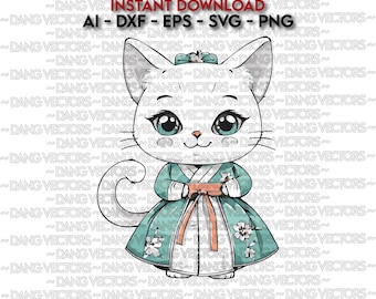 Vector File - Kitty Tradicional Coreano Wear Fan Art Ai Svg Dxf Png Eps - Cut laser Graphic Print Design File Coloring Manga Cartoon Clipart