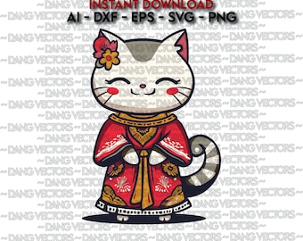 Vector File - Kitty Tradicional Vietnamita Vestido Fan Art Ai Svg Dxf Png Eps - Cut laser Graphic Print Design Coloring Manga Cartoon Clipart