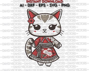 Vector File - Gato Tradicional Japonês Kimono vestido 2 Art Ai Svg Dxf Png Eps - laser Graphic Print Design Coloring Kitty Cartoon Clipart
