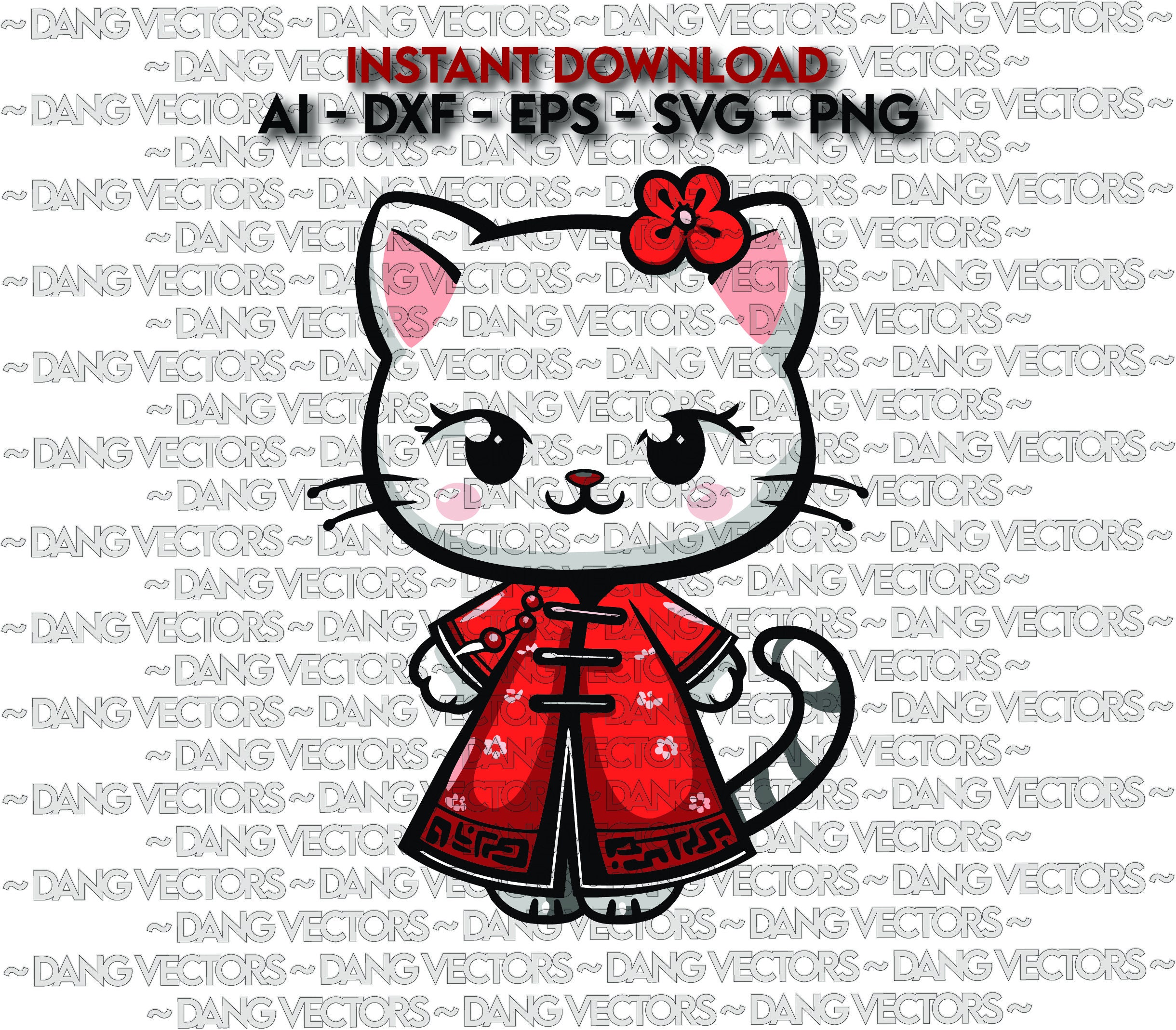 Vector File - Kitty Tradicional Vietnamita Ao Dai Art Ai Svg Dxf Png Eps - Cut laser Graphic Print Design Coloring Manga Cartoon Clipart